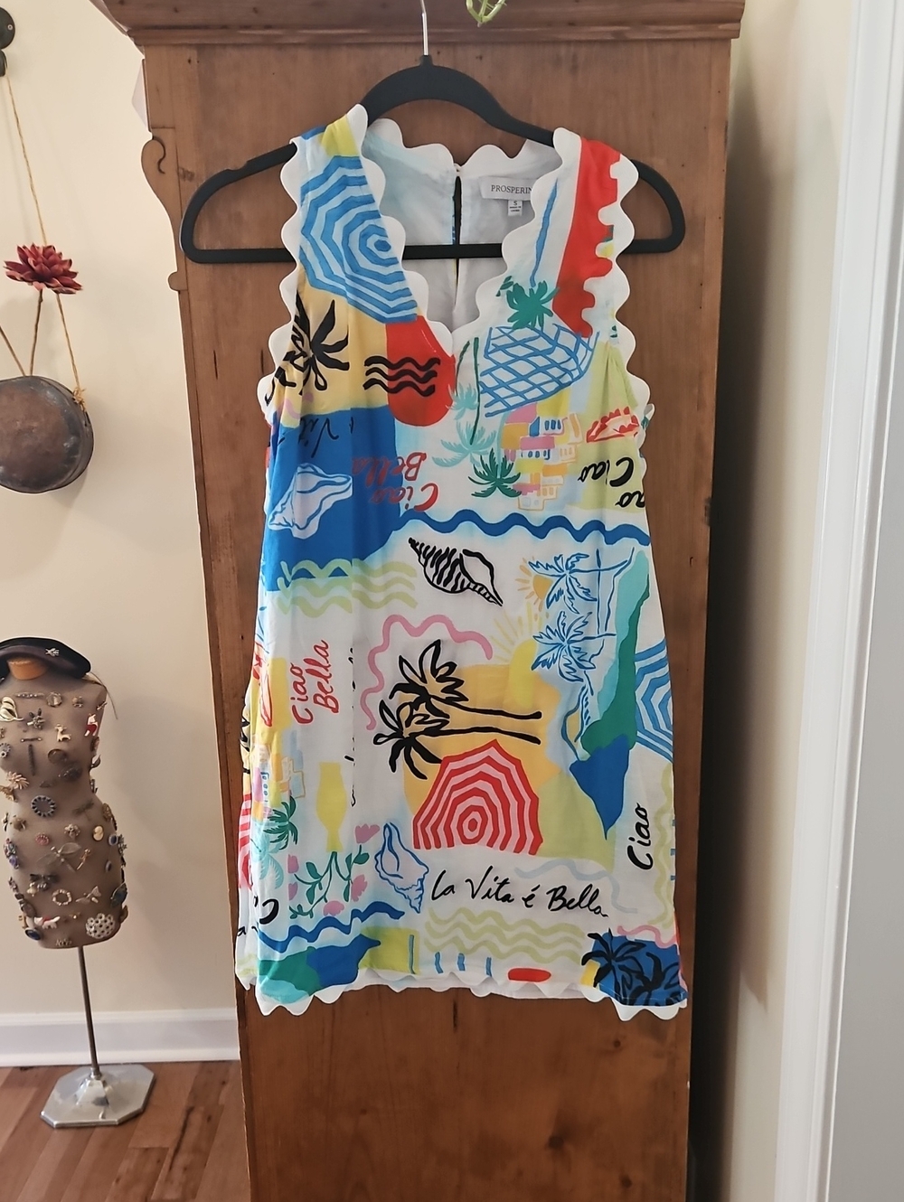 Prosperina Luisa Multi Print Cotton Shift Mini Dress White & Blue Small Like New